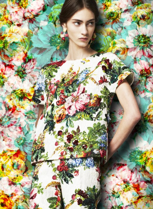 dolce-and-gabbana-fw-2014-womenswear-collection-flower-and-fruit-print-dress-printed-brocade-tunic-and-trousers